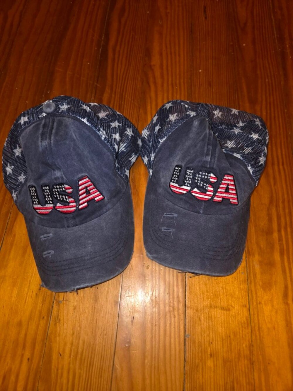 USA Trucker Hat Pair of 2 Distressed Ponytail Cap American Flag Embroidery